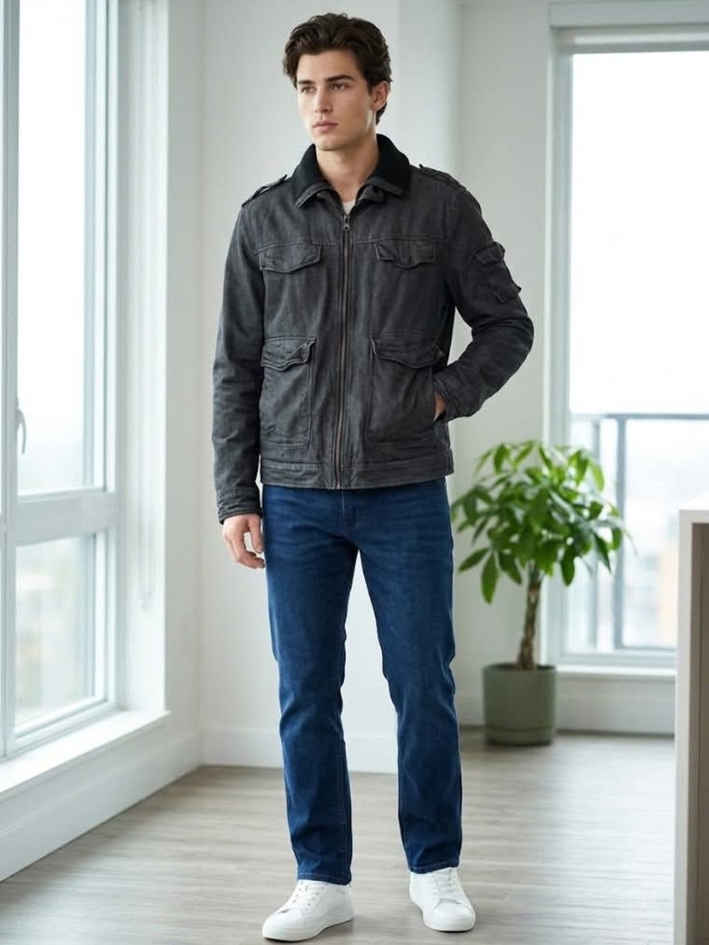 Express Men's Black Military Jacket Full Zip Stand-Up Collar Insulated Size L